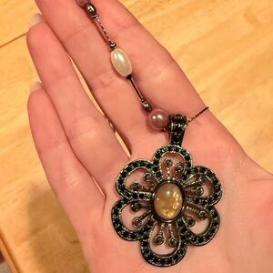 Lia Sophia Black and Silver Flower Pendant Necklace